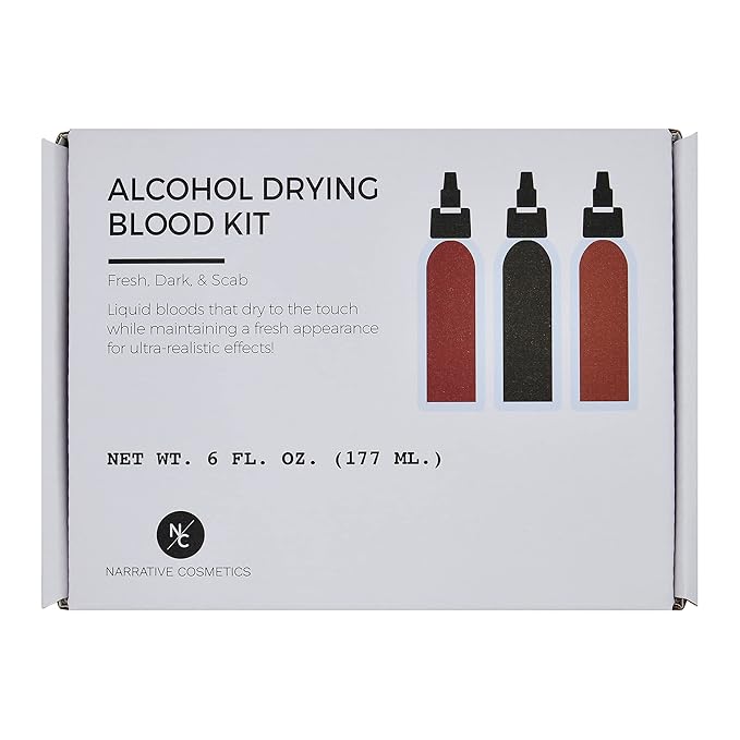 Narrative Cosmetics Alcohol Drying Blood, Ultra-Realistic Fake Liquid Blood, SFX Makeup for the Stage, Film, Halloween, and Cosplay - Dark, Fresh and Scab Blood Kit - 2oz Bottles
