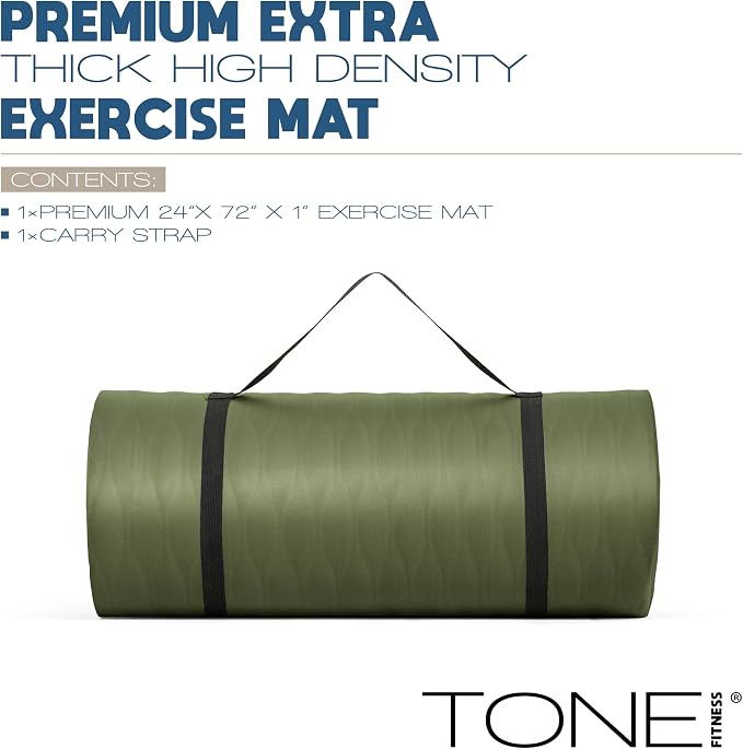 Tone Fitness 1-Inch Thick Yoga Mat | High-Density, Non-slip Exercise Mat with Carrying Strap for Yoga, Pilates, & Home Gym Workouts | Multiple Options