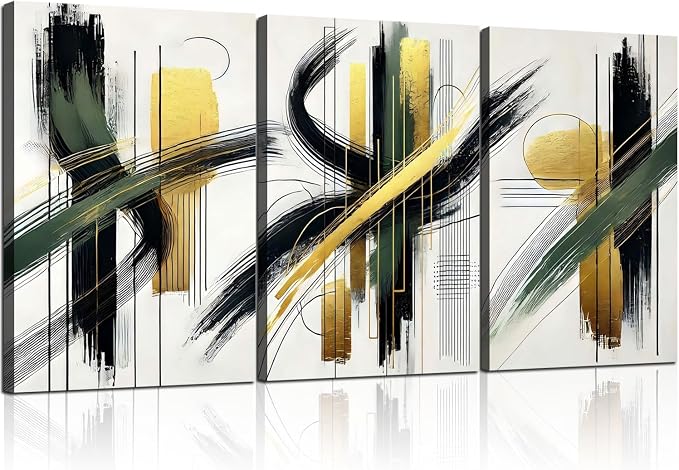 3 Pcs Framed Abstract Wall Art Modern Gallery Prints Black Green Gold Lines Canvas Painting Minimalist Poster Picture Living Room Bedroom Office Wall Decor 16x24 Inch Ready To Hang