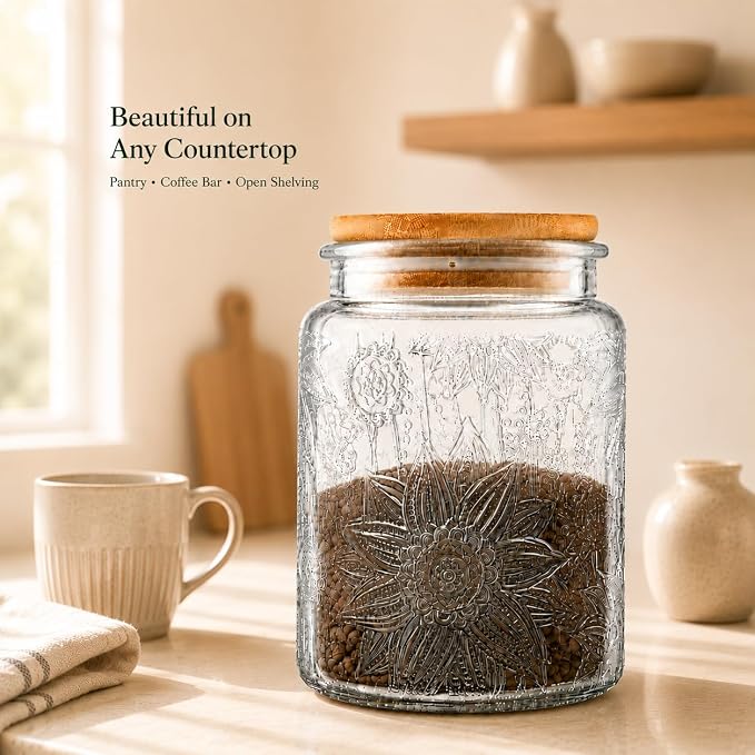 2 Pack Vintage Glass Storage Jars with Lids, 23.7oz Decorative Jars | Airtight Coffee Canisters, Glass Food Storage Containers for Tea Candy Sugar Cookie, Cute Jars