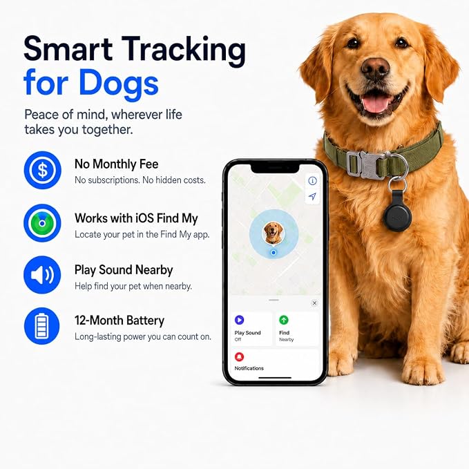 Pet GPS Tracker for Dogs, Compatible with Apple Find My(iOS Only), No Monthly Fee, IP67 Waterproof Anti-Lost Locator, 12-Month Battery, Includes Silicone Collar Holder & Tactical Dog Collar