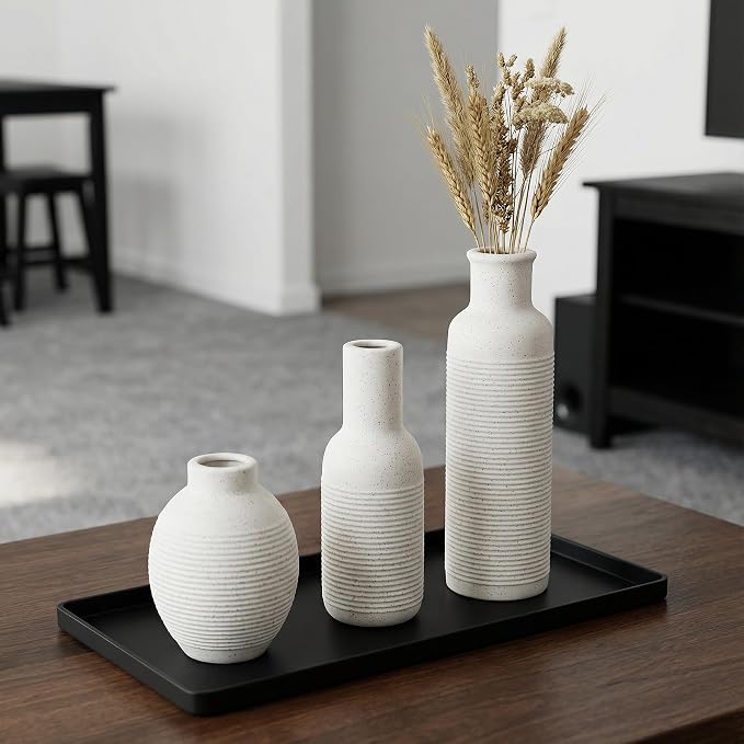 Rustic Farmhouse Vase Set of 3 - Ceramic Decorative Modern Flowers Vases Home Decor - Pampas Grass Dried Fresh Flowers - for Centerpiece, Table, Mantel Entryway, Kitchen (White 1)