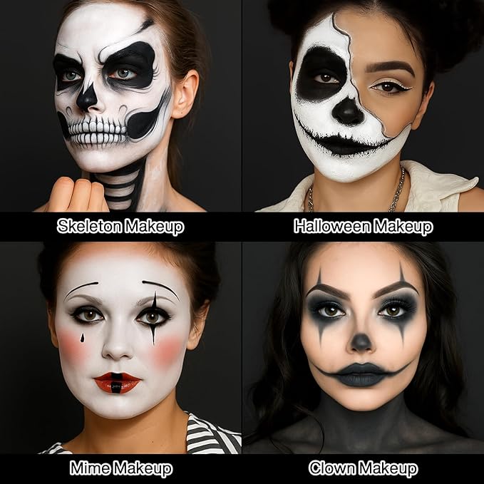 Black White Face Body Paint Halloween Foundation Gothic Makeup, CreamBlend Non Toxic Face Paint for Adult & kids Oli based Facepaint bodypainting Clown Zombie Vampire Skeleton SFX Mime Cosplay Makeup