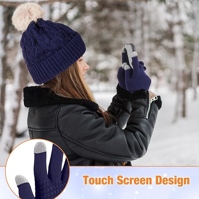SATINIOR 5 Pcs Winter Hat Scarf Gloves Set Fleece Warm Lined Knit Beanie Hat Touch Screen Earmuff Gloves Warmer for Women(Navy Blue,Cool Style)