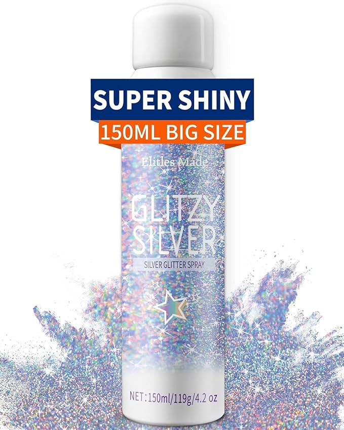 Hair Glitter, 2PCS Body Glitter Spray Glitter Hairspray for Kids Women, Long-Lasting Quick-Drying Holographic Glitter Spray for Hair and 8.4 Fl OZ (Holo Silver+ Gold)