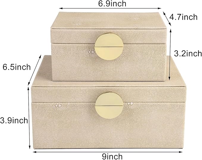 HofferRuffer Faux Leather Jewelry Boxes, Decorative Boxes Storage Accessory Organizer with Gold Hardware Decor, Classic Vegan Leather Set of 2 Pieces (Light Grey)