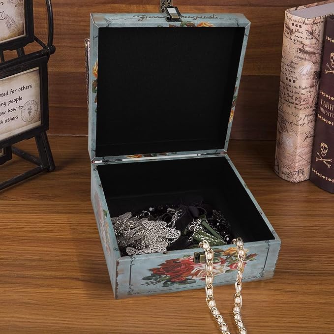 Jolitac Wood Storage Box Set of 3, Vintage Decorative Nesting Boxes Wooden Treasure Storage Crates With Latch, Home Decor Rustic Antique Boxes With Lid for Photos, Jewelry, Cash (Bloom)