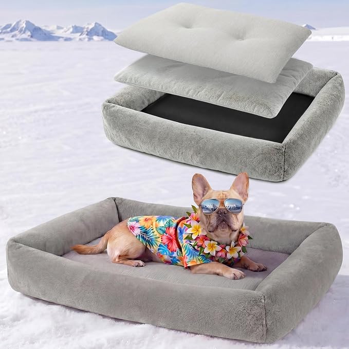 Cooling Dog Bed for Large Dogs - Removable Inner Cushion & Reversible Design (Ice‑Silk Cooling Layer | Sherpa Fleece Layer), Non‑Slip Bottom Washable Medium Mat for Crates, Beds, Sofas 24" × 15"
