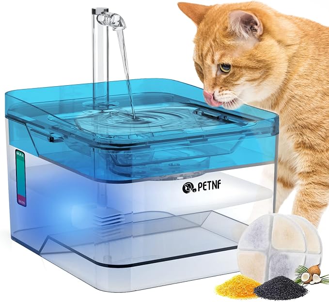 PETNF Blue Pet Water Fountain, 101oz/3L Automatic Cat and Dog Water Dispenser with LED Light, Ultra Quiet Pump, 3 Flow Settings & 2 Filters