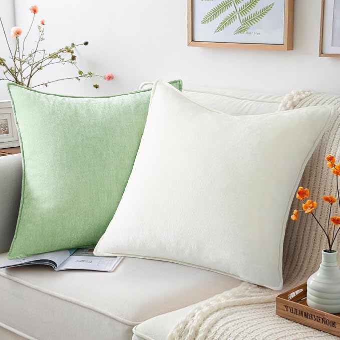 decorUhome Chenille Cream White Velvet Throw Pillow Covers 24x24 Set of 2 | Fall Soft Euro Sham Couch Decorative Modern Farmhouse Pillow Cases with Elegant Design for Sofa Bed Living Room Home Decor