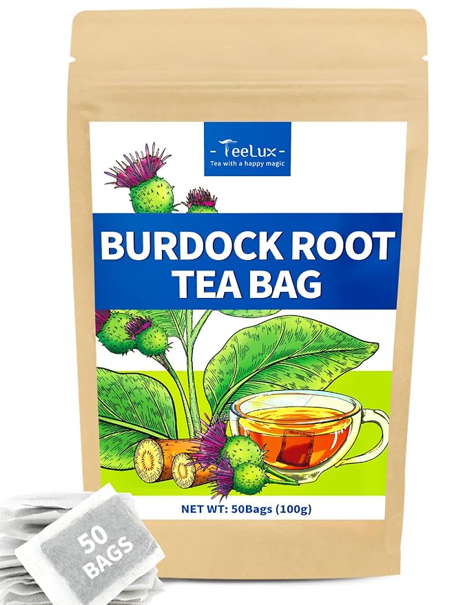 TeeLux Burdock Root Tea Bags, Caffeine-Free Herbal Tea, Smooth Mellow Flavor, Lightly Toasted Aroma, Hot or Iced, 50 Count
