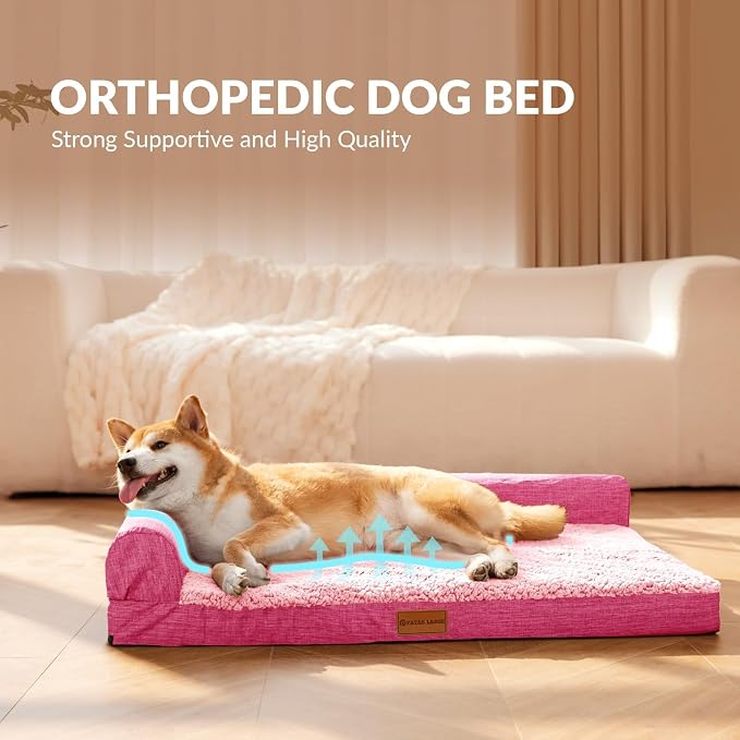 Patas Lague Orthopedic Large Dog Bed Washable Pet Sofa Bed 36''X24'' Pink | 2-Sided Bolster Egg-Crate Foam Dog Couch Large Sized Dogs, Waterproof Removable Washable Cover, Nonskid Bottom Pet Crate Mat