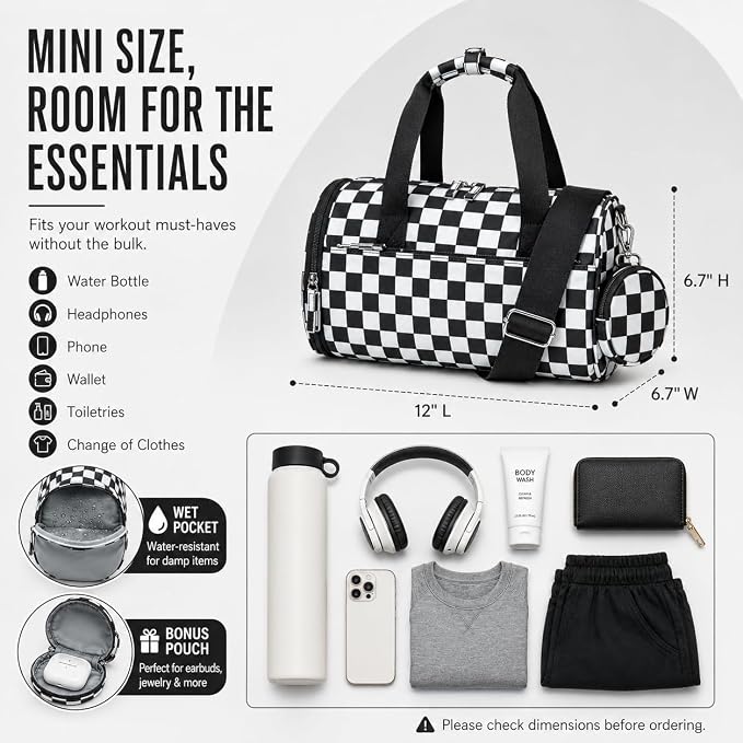 BTOOP Mini Gym Bag for Women, 12-Inch Small Duffle Bag with Wet Pocket and Coin Purse, Lightweight Water-Resistant Workout Bag for Yoga, Pilates, Dance and Travel (Balck-white checkered)