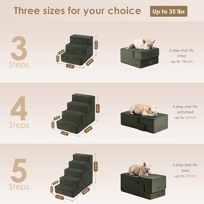 EHEYCIGA Dog Stairs for Bed 18" H, Dog 4-Steps for High Bed, Military Green | Pet Steps for Small Dogs and Cats, Non-Slip Balanced Pet Ramp Indoor