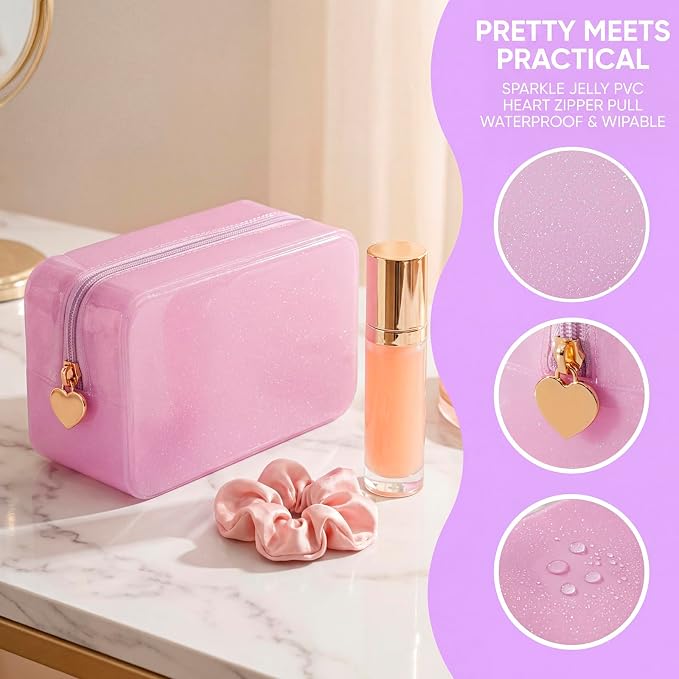 RSRSLEII Stardust Twinkle Jelly Travel Makeup & Toiletry Bag, Waterproof PVC Cosmetic Bag/Case for Women，Zipper SPF Beach Bag for Sunscreen Skincare and Daily Essentials (01Pink)