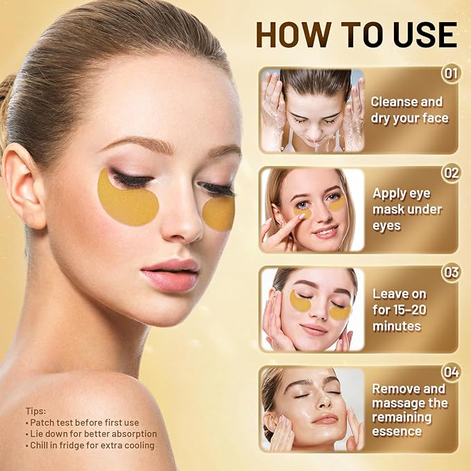 Under Eye Patches Masks - for Dark Circles, Puffy Eyes, Fine Lines, Wrinkles, Eye Bags Treatment with Collagen and Hyaluronic Acid,Firming & Cooling, Moisturizing and Hydrating (60 Pcs) GOLD4