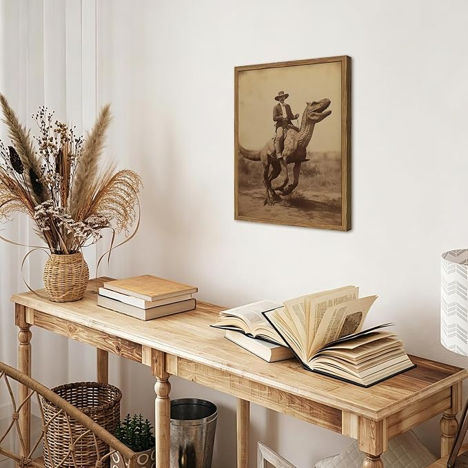 Vintage Dinosaur Cowboy Wall Art Funny Western Jurassic Park Wall Decor Painting, Retro Cowboy Riding Dinosaur Poster Canvas Print Picture for Living Room Bedroom 12x16 inch Wood Framed
