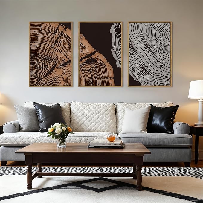 ANHUIB Tree Ring Wall Art 16x24 Inch Black Wall Painting Modern Wood Stump Wall Decor Neutral Minimalist Artprints Set of 3 for Living Room Bedroom Office