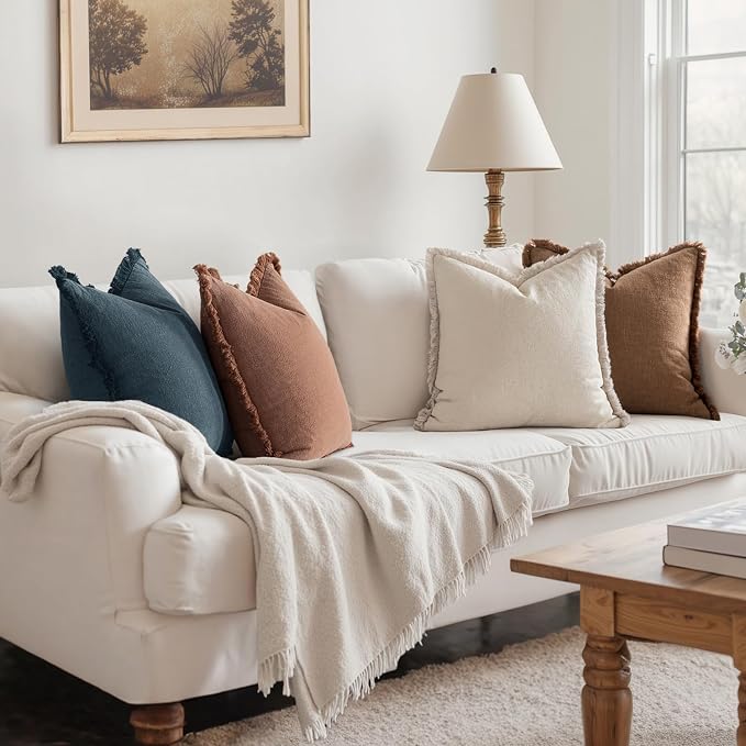 MIULEE Fall Linen Fringe Pillow Covers Set of 4 18x18 Beige/Brown/Blue | Boho Farmhouse Decorative Throw Pillow Covers, Neutral Soft Rustic Cushion Cases, for Couch Sofa Bed Living Room Home Decor
