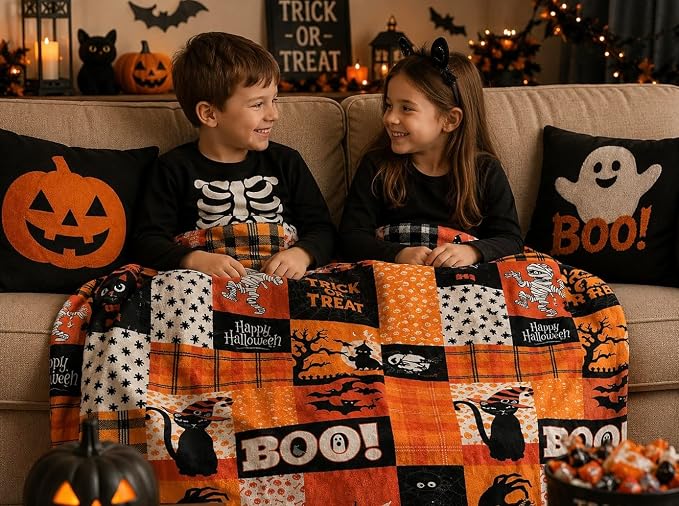 Halloween Fleece Throw Blanket, Patchwork Witch & Haunted House, 50x60 in | Ultra-soft cozy flannel fleece, for sofa couch bed chair & dorms, spooky Halloween décor, durable and machine washable.