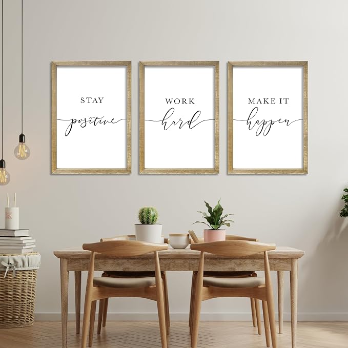 RLWangChao Inspirational Quotes Wall Art Decor 3 Piece 11"X16" Wood | Modern Office, Stay Positive Work Hard Make It Happen Motivational, Framed Sign, Living Room Positive Wall Hanging