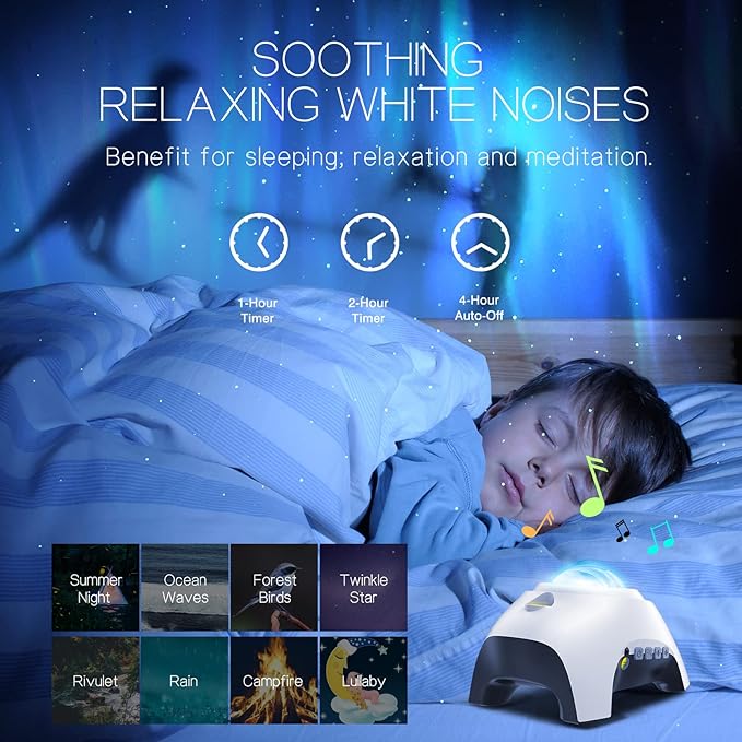 Northern Galaxy Light Aurora Projector with 33 Light Effects, Night Lights LED Star Projector for Bedroom Nebula Lamp, Remote Control, White Noises, Bluetooth Speaker for Parties White