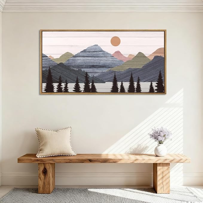 Framed Mountain Wall Art Pine Tree Forest Wall Decor Modern Mountain Range Painting 20x40 Inch for Living Room Bedroom Dining Room