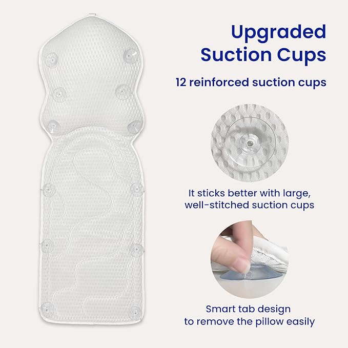 Tevanas Bath Pillows for Tub Full Body, Large Mesh tub Pillow for Bathtub for Head, Neck and Back Support with Laundry Bag and Hanger for Quick Drying White