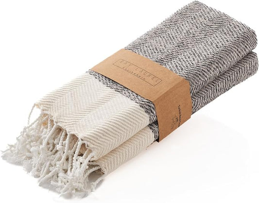 BAY LAUREL Turkish Hand Towel – Pack of 2 | Soft & Absorbent Decorative Towels for Bathroom, Hand, Face, Hair, Gym, Yoga, SPA, Kitchen & Tea | Boho Decor (Beige, Herringbone 16x40 Inches (Set of 2)