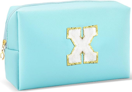 URSKYTOUS Gifts for Girls Initial Makeup Bag Personalized Cosmetic Bag with Zipper Cute Travel Toiletry Bag Waterproof PU Preppy Makeup Pouch Birthday Gift for Teen Girls Women(Blue X)