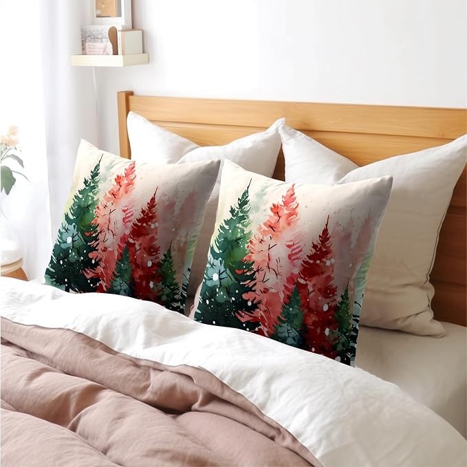 Kawani Winter Christmas Tree Pillow Covers 22 x 22 Inches Pack of 2 Red Green Xmas Trees Decorative Throw Pillows Cotton Linen Cushion Case for Sofa, Bed and Couch Room Holiday Decor