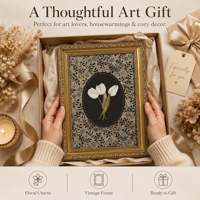 Gold Framed Tulip Canvas Wall Art, Vintage Floral Picture Wall Decor16x12in | Cottagecore Botanical Floral Print Decor for bedroom, living room, hallway, entryway