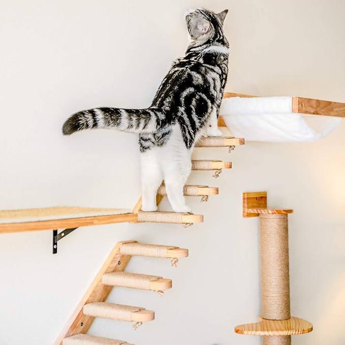 FUKUMARU Cat Climbing Shelf Wall Mounted, Small | Four Step Cat Stair, Natural Jute Scratching, Solid Rubber Wood, Kitten Shelves Furniture
