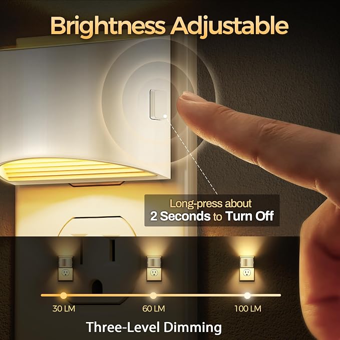 Night Light, Night Lights Plug into Wall, Adjustable, 3000K | 3 Level Brightness Adjustable Night Light, Dusk to Dawn Sensor Nightlights for Adults, Bedroom, Bathroom, Hallway, 2 packs