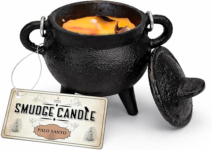 Reusable 4 Inch Cast Iron Cauldron Candle with Lid and Hanging Handle for Spell Casting, Smudging, Ritual & Blessings Pot Belly Witchcraft Candle Aromatherapy Scented (Palo Santo)
