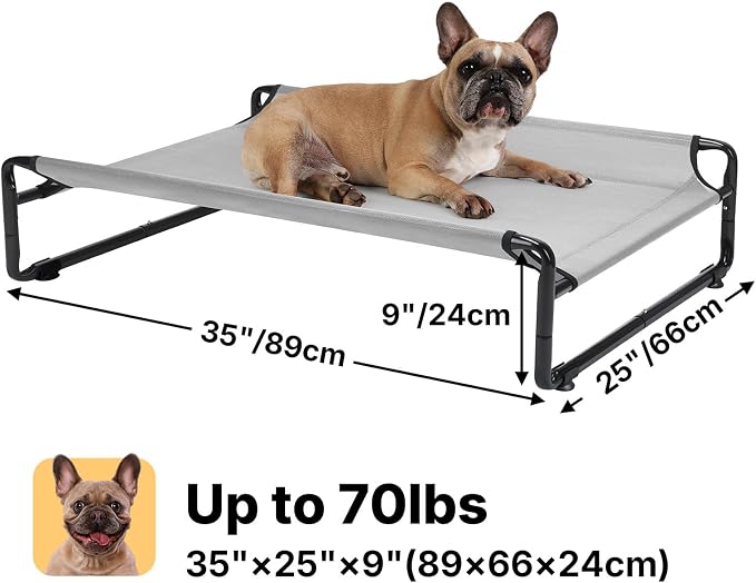 Veehoo Outdoor Elevated Dog Bed, Cooling Raised Dog Beds for Medium Dogs | Washable Dog Cot with Headrest Sides, Non-Skid Feet, Breathable Mesh, Cooling Pet Hammock for Indoor or Camping, 35", Grey