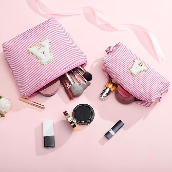 YOOLIFE Christmas Gifts for Grandkids Stocking Stuffers For Teen Girls Teacher Gifts Initial Clear Makeup Bag Birthday Gift Travel Toiletry Cosmetic Bags Birthday Gift Travel Essentials Pink M