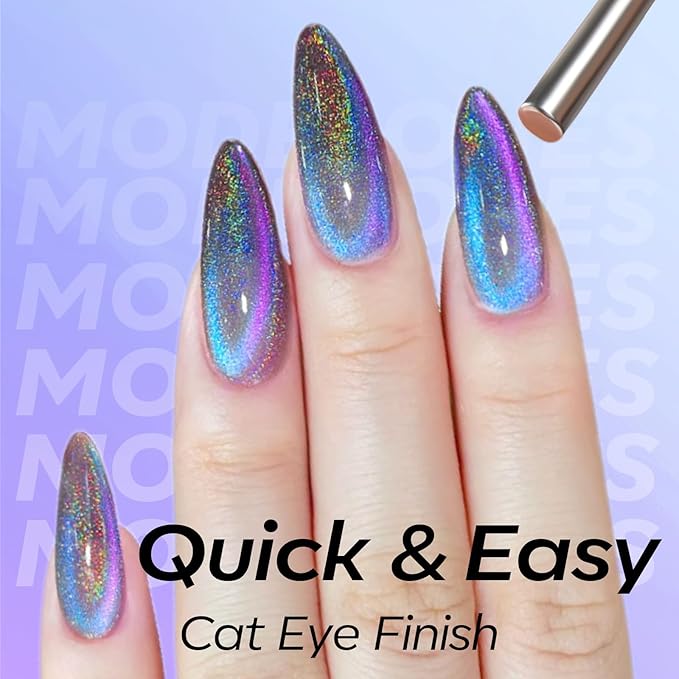 modelones 9D Magnetic Cat Eye Gel Nail Polish, Holographic Blue Purple Rainbow Shimmer, 15ML UV LED Soak Off Gel Manicure Design - Reflective Top Coat for Women & Girls