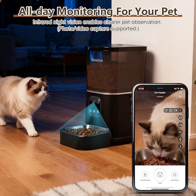 Automatic Cat Feeder with Camera, 5L/28 Cups WiFi Cat Auto Feeder with Two-Way Audio, App Control, Strong Anti-Jam System Smart Timed Cat Feeder with Night Vision for Small Pets Indoor