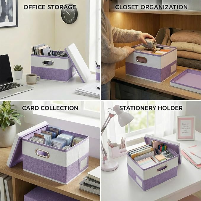 Storage Bins with Lids [3-Pack] Linen Fabric Foldable Storage Boxes Organizer Containers Baskets Cube with Cover for Bedroom Closet Office Purple&White（11.4X8.6X6.7