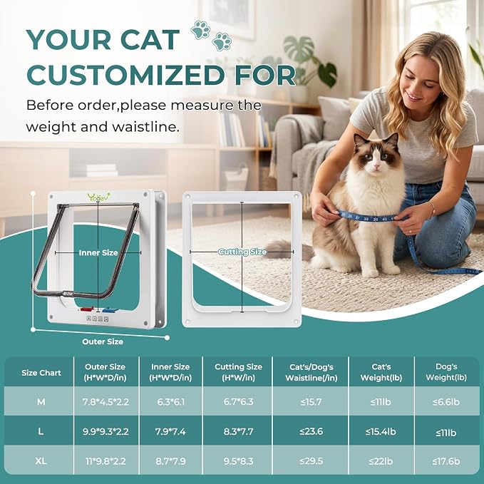 Ycozy XL Cat Doors Outer Size 11" x 9.8" 4-Way Locking Indoor Pet Door for Interior Exterior Door Wall Window, Weatherproof Cat Flap for Kittens & Dogs Easily Install