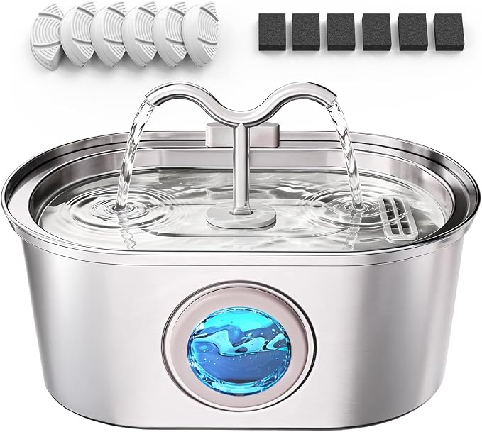 3.2L/108oz Stainless Steel Cat Water Fountain Pet Fountain | Automatic Pet Water Dispenser - Self-Designed Filtration System - Ultra-Quiet Pump - Easy Cleaning & Maintenance (6 Filters)