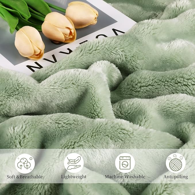 Comelady Fleece Blanket Queen Size for Bed,3D Bubble Warm Fluffy Throw Blanket for Couch Sofa Room Decor-Lightweight Cozy Fuzzy Blanket for All Seasons(Sage Green,90"×90")