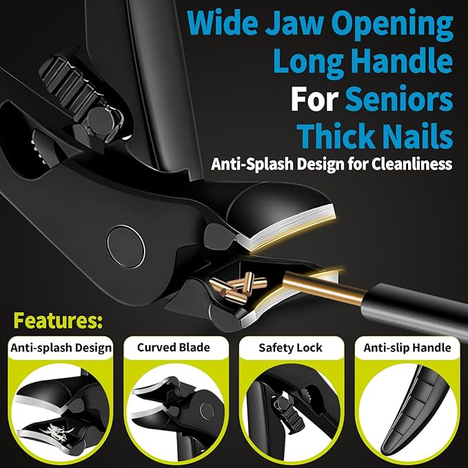 Long Handled Toenail Clippers for Seniors, Long Reach Angled Curved Blade Toenail Clippers for Thick Toenails, Heavy Duty Toe Nail Clippers for Elderly, Men, Women