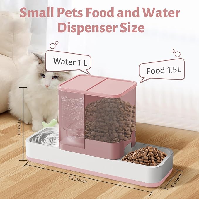 Yummy Sam Automatic Small Pet Feeder and Water Dispenser, Pink | 2 in 1 Gravity Cat Auto 1.5L Pet Feeder and 1L Waterer Set, Feeder Dish for Small Medium Pets Dog Puppy Kitten