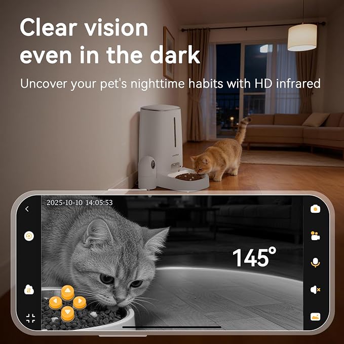 Automatic Cat Dog Feeder with Camera 4L, 2.4G/5G WiFi Smart Pet Food Dispenser with Night Vision, 2-Way Audio, Meat Call and Motion Alert, Stainless Steel Bowl, Dual Power Support, AI Feature