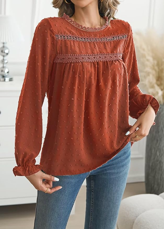 Womens Boho Tops Long Sleeve Shirts For Women Cute Crewneck Blouse Dressy Casual Swiss Dot Crochet Hollow Top 2026