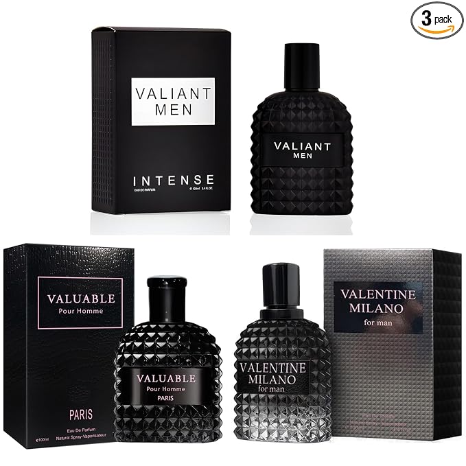 A CENTER 3Pack Men Cologne Valentine Milano,Valiant,Valuable Eau De Parfume Spray with Woody Floral & Fruity Scent Perfume Gift Set Day to Night Luxury Fragrances