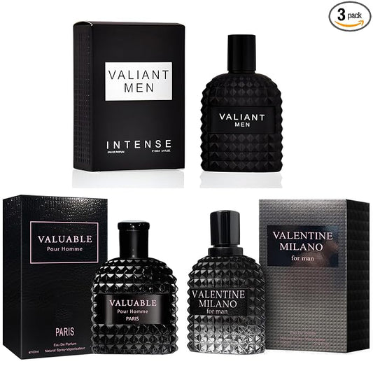 A CENTER 3Pack Men Cologne Valentine Milano,Valiant,Valuable Eau De Parfume Spray with Woody Floral & Fruity Scent Perfume Gift Set Day to Night Luxury Fragrances