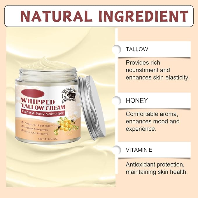 Tallow and Honey Balm for Face - Beef Tallow for Skin - Body Butter for Women & Men - Tallow Face Moisturizer With Grass-Fed Beef Tallow & Raw Honey - Tallow Balm Hydrates,Nourishes for Dry Skin
